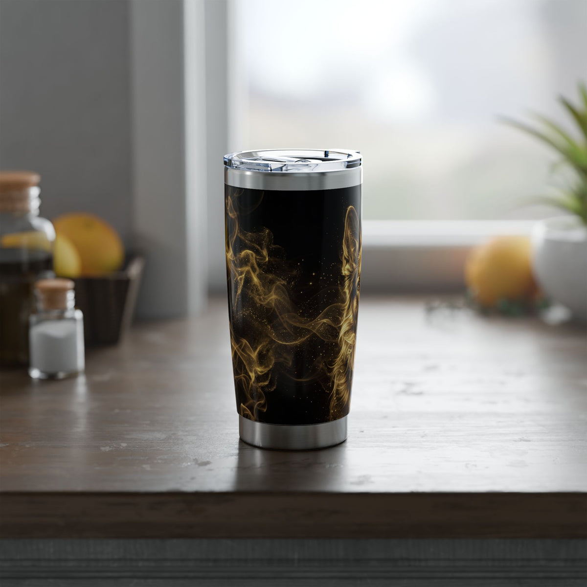 German Shepherd Tumbler | Gold Smoke Art — 20 oz Stainless Travel Mug