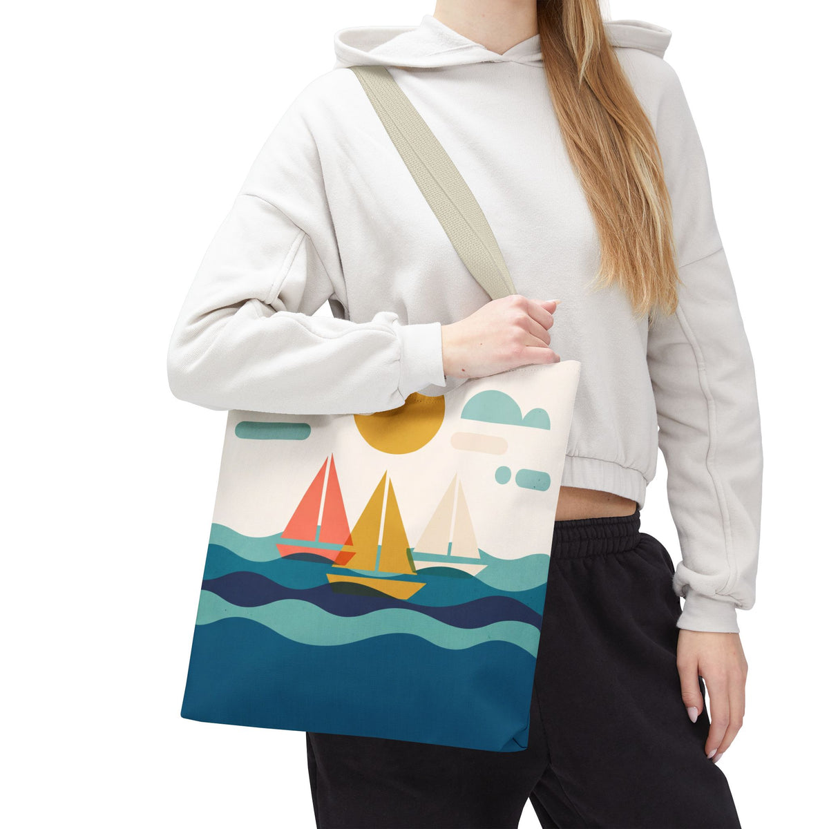 Minimalist Sailboat Tote Bag – Mid-Century Modern Ocean Waves Beach Bag