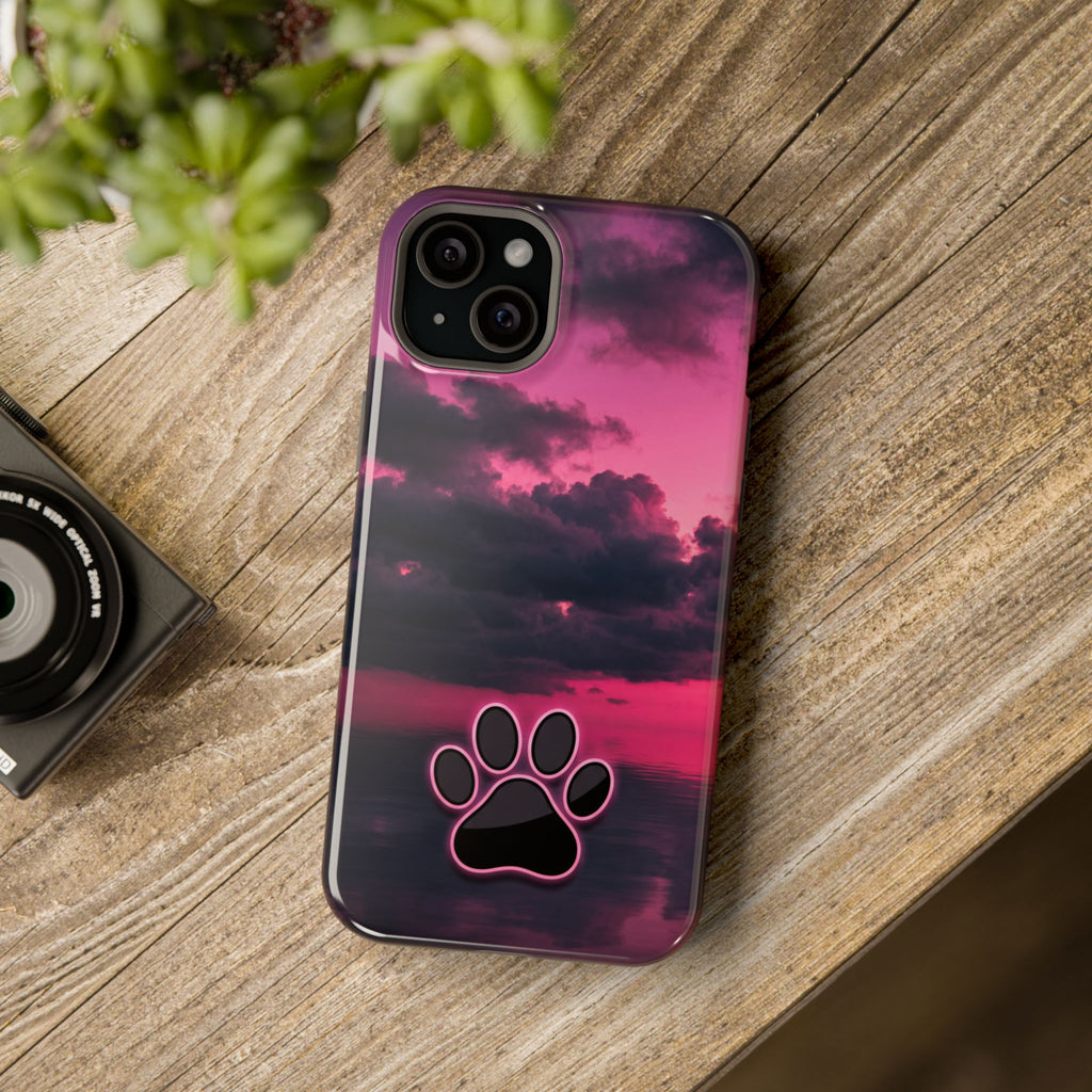 iPhone & Samsung Magnetic Impact-Resistant Phone Case — Pink Twilight Cloud with Paw Print
