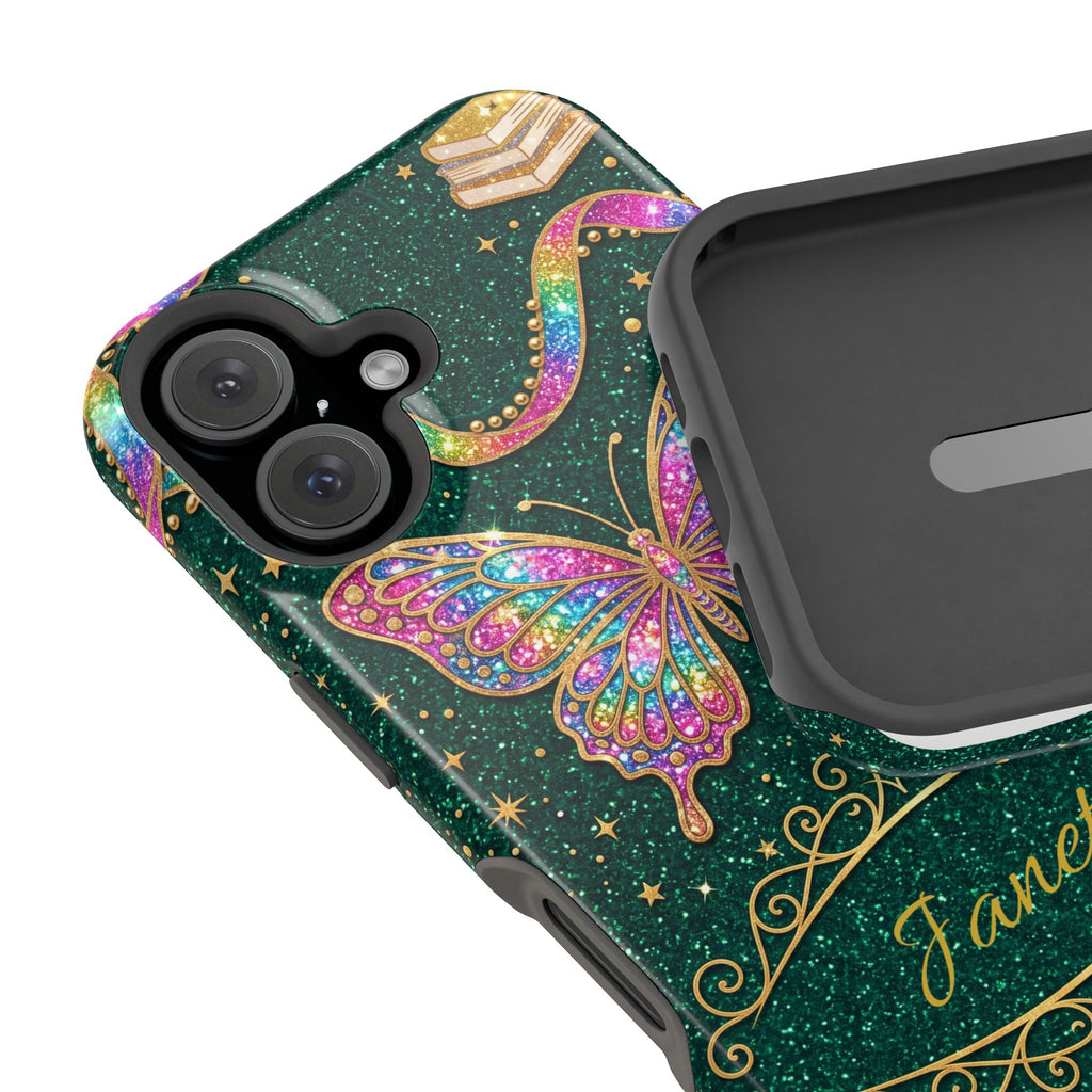 Rainbow Glitter Butterfly Personalized Teacher Phone Case — Wireless Charging Cover