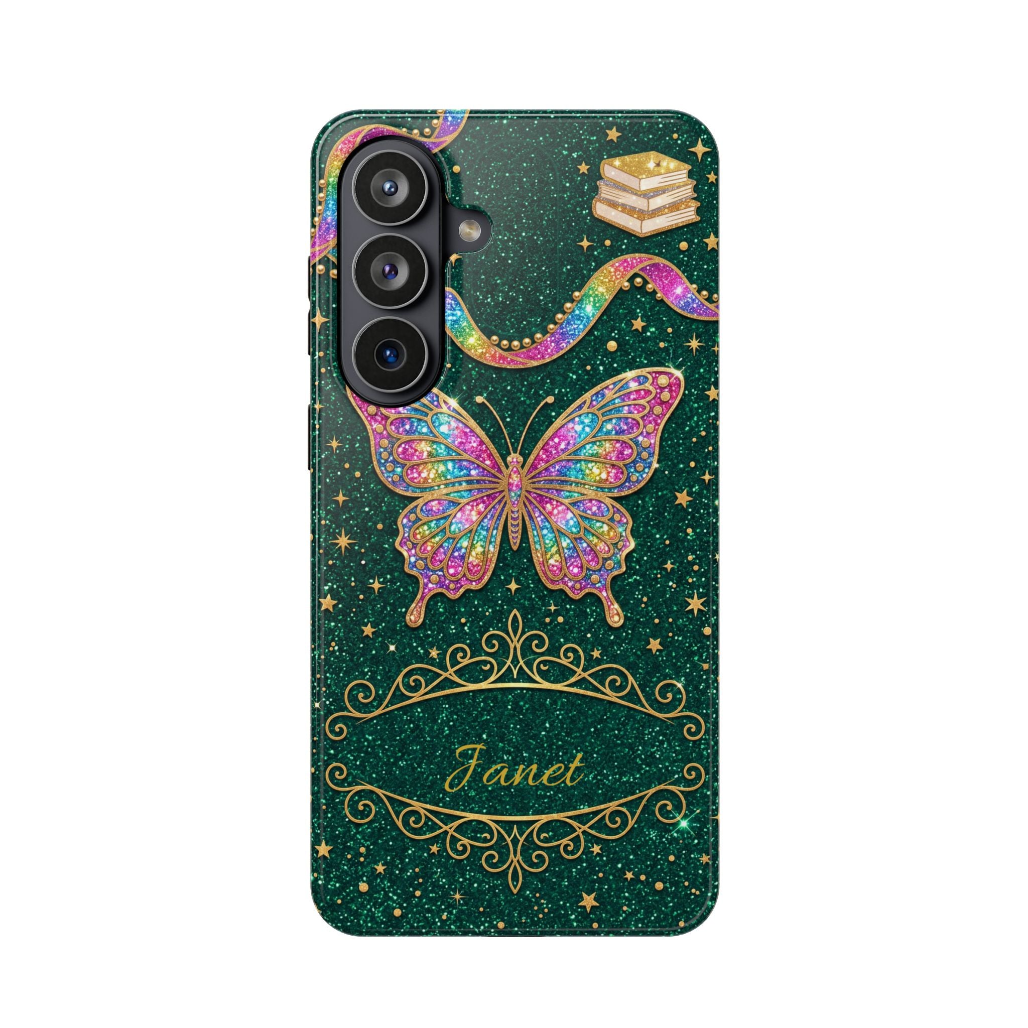 Rainbow Glitter Butterfly Personalized Teacher Phone Case — Wireless Charging Cover