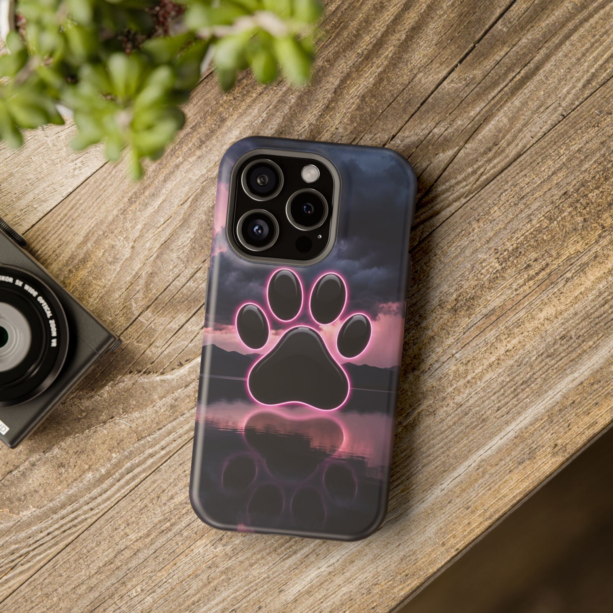 Neon Paw Print Phone Case — Impact-Resistant Wireless Charging Cover