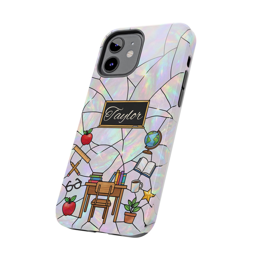 Personalized Teacher Phone Case — Custom Name Stained Glass Classroom Design