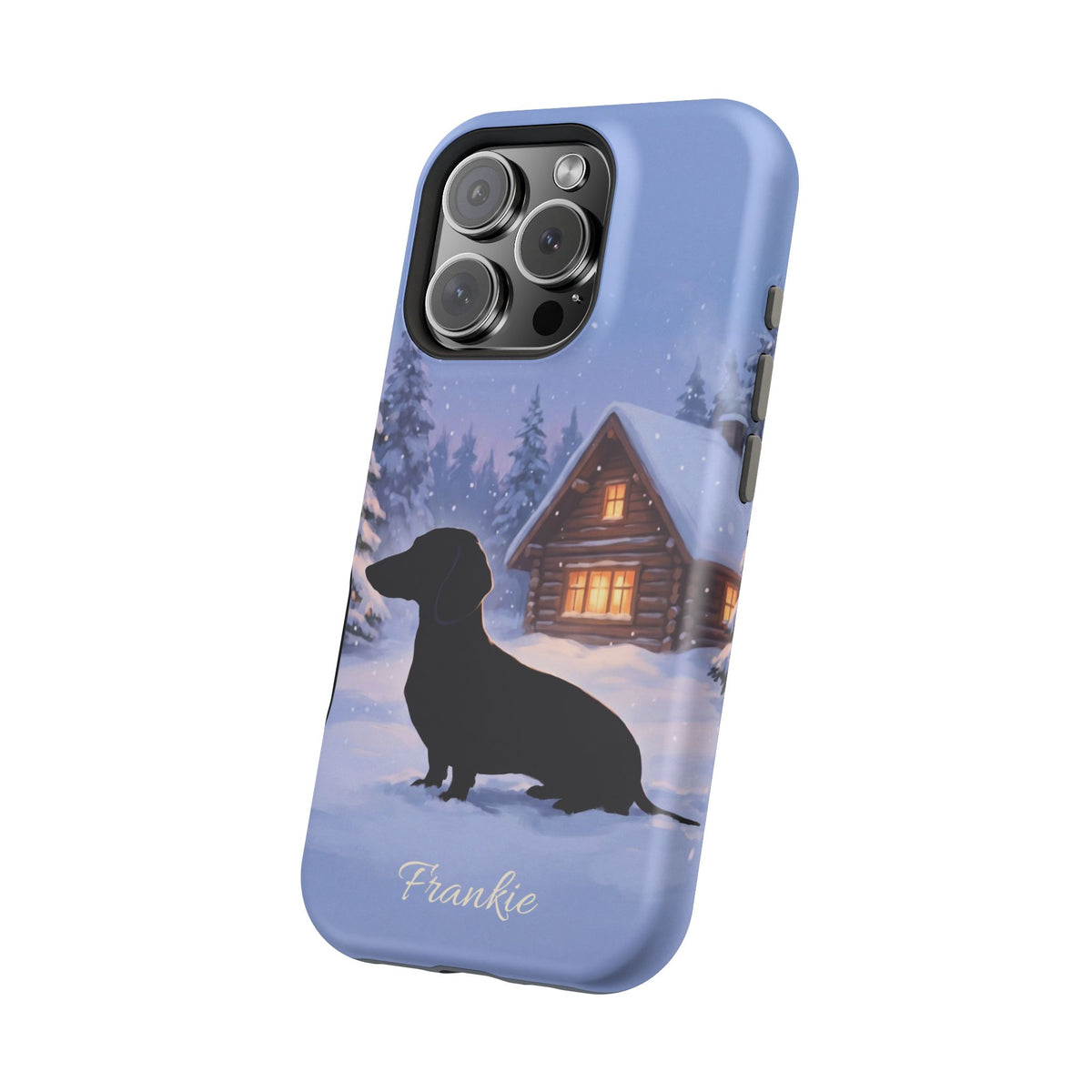 Personalized Dachshund Winter Cabin Phone Case — Wireless Charging Cover
