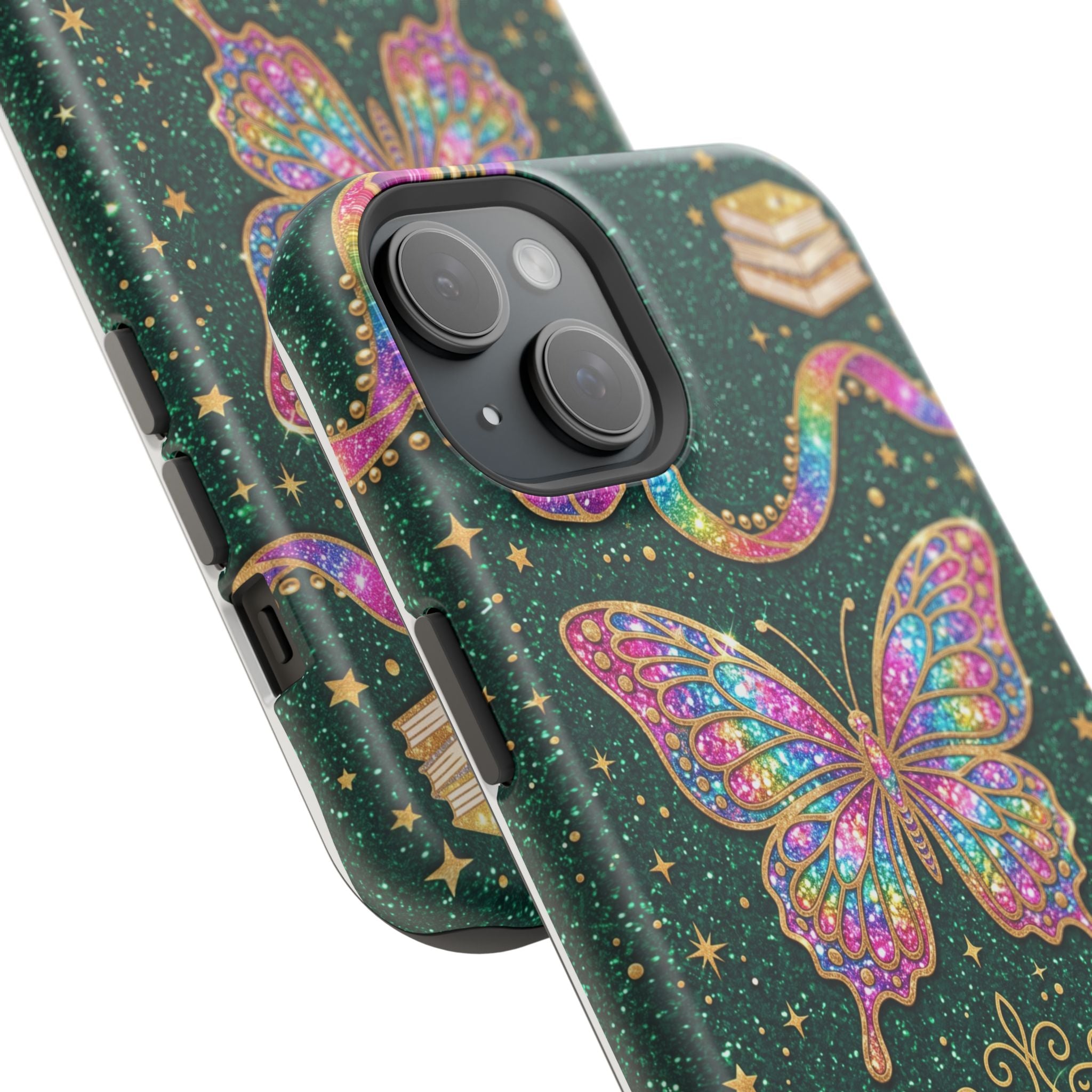 Rainbow Glitter Butterfly Personalized Teacher Phone Case — Wireless Charging Cover