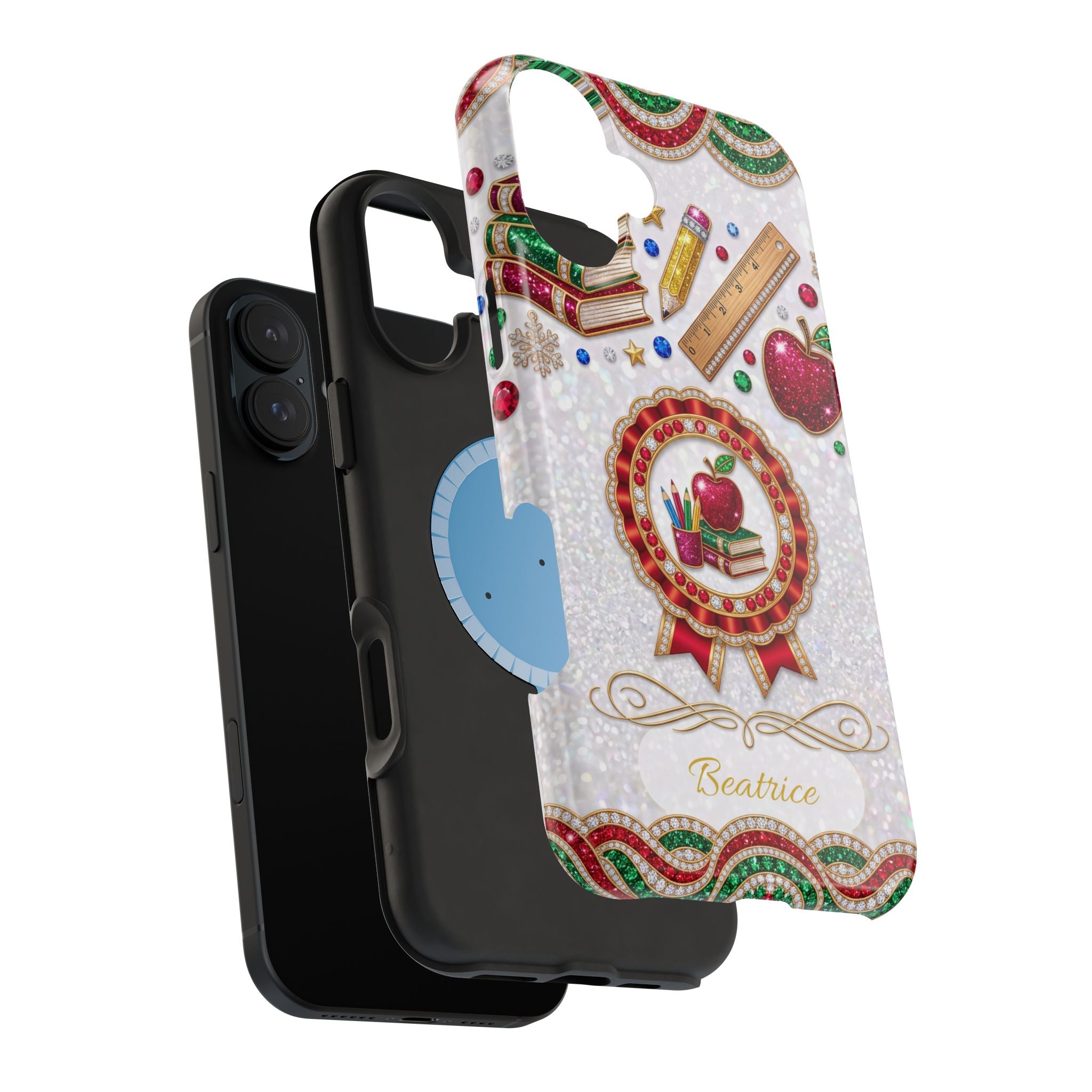 Jeweled Apple Medallion Personalized Teacher Phone Case — Wireless Charging Cover