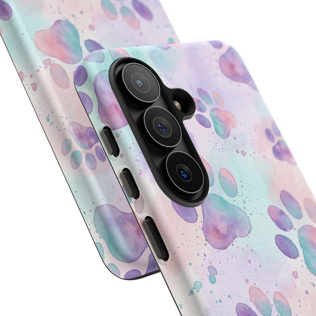 Watercolor Paw Print Phone Case | Pastel Purple, Teal & Pink Artistic Pattern | Samsung & iPhone