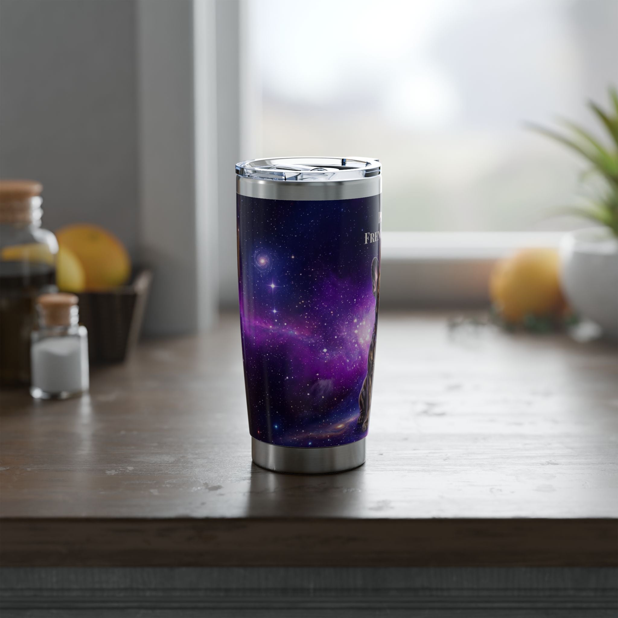Personalized Frenchie Tumbler – Purple Galaxy Travel Mug, Custom Name Gift for Dog Dad