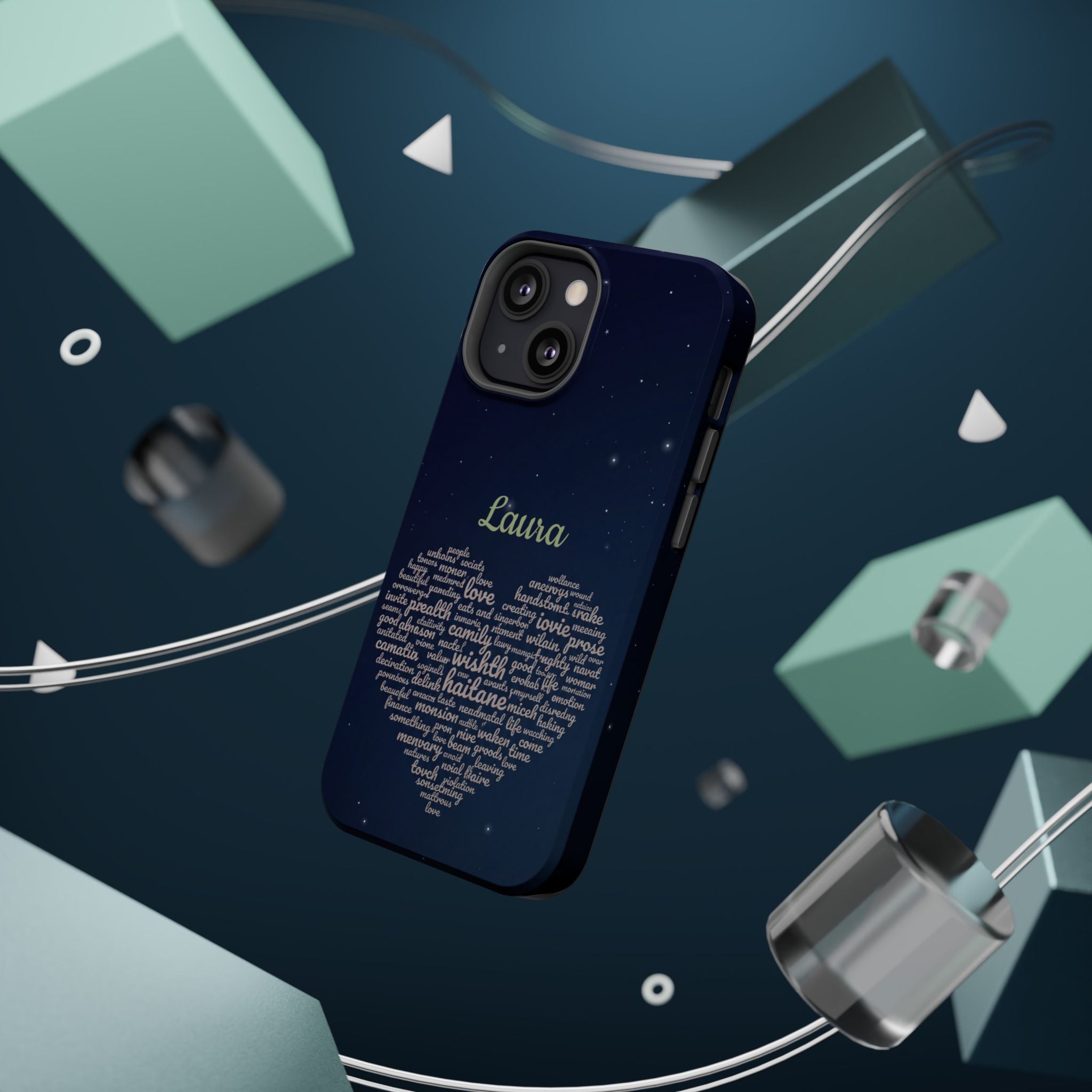 Personalized Teacher Heart Word Art Phone Case — Navy Wireless Charging Cover