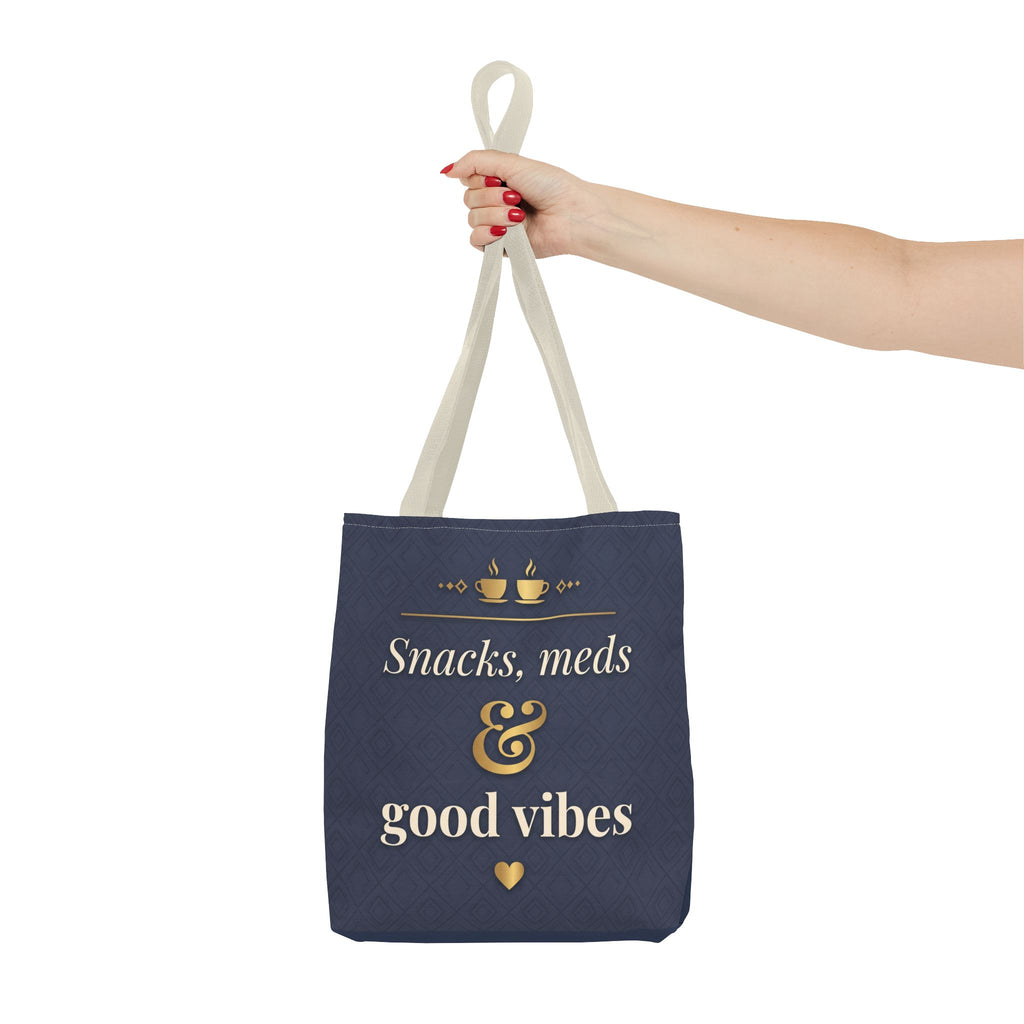 Snacks Meds & Good Vibes Tote | Funny Nurse Gift Tote Bag | Healthcare Worker Humour Gift | Premium Polyester Carry-All