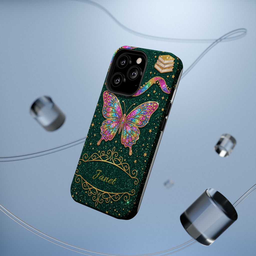 Rainbow Glitter Butterfly Personalized Teacher Phone Case — Wireless Charging Cover