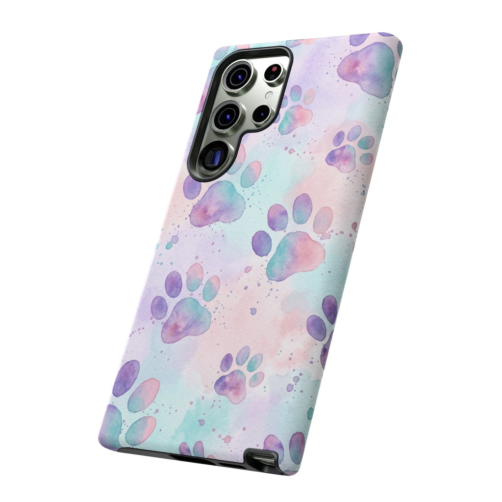 Watercolor Paw Print Phone Case | Pastel Purple, Teal & Pink Artistic Pattern | Samsung & iPhone