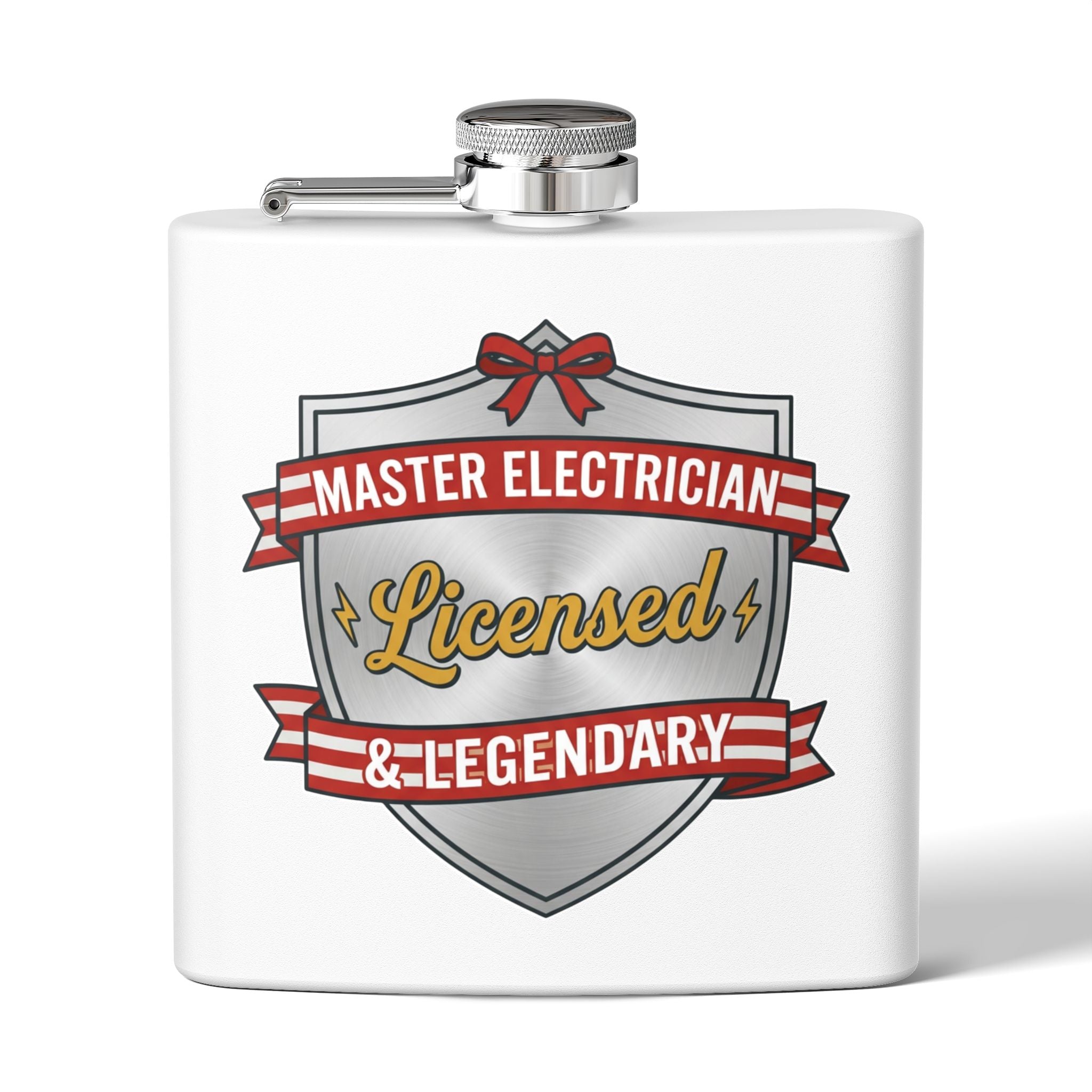 Flask — "Master Electrician: Licensed & Legendary" (Shield Badge) 6oz Stainless Steel Hip Flask