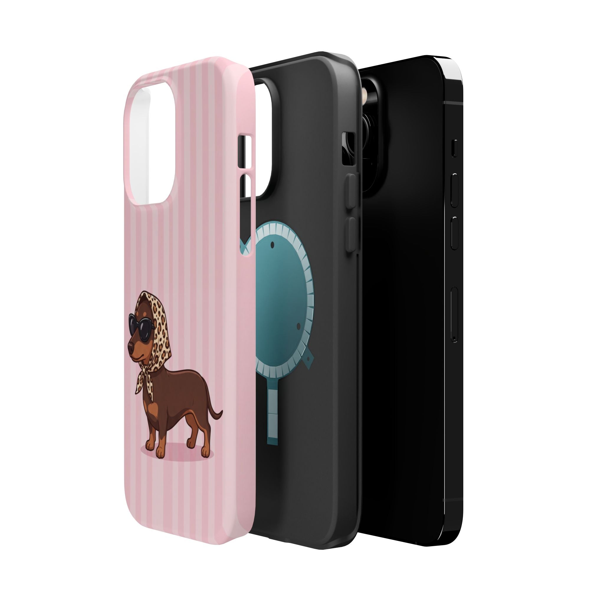 Glam Dachshund Phone Case | Cute Sausage Dog in Leopard Scarf & Sunglasses | Pink Stripe Case for iPhone & Samsung