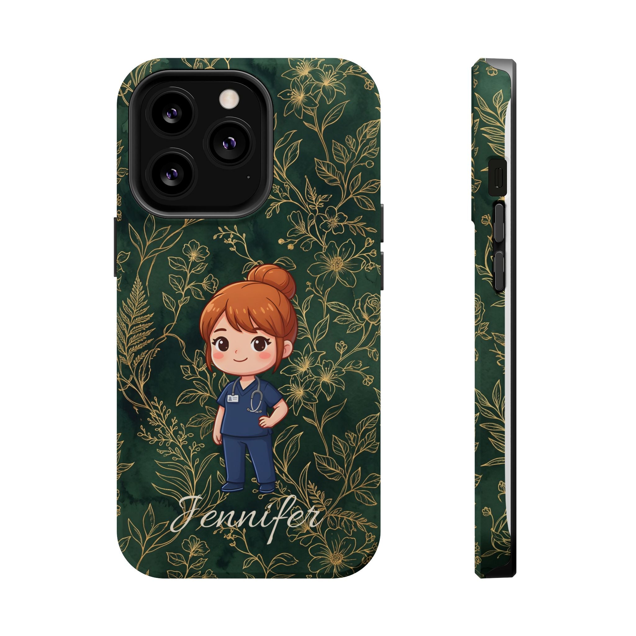 Personalized Nurse Botanical Phone Case — Impact-Resistant Wireless Charging Cover