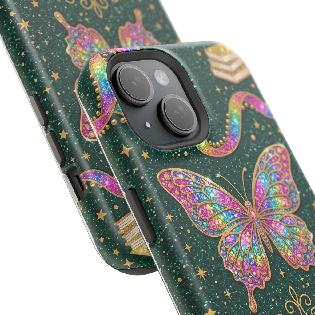 Rainbow Glitter Butterfly Personalized Teacher Phone Case — Wireless Charging Cover