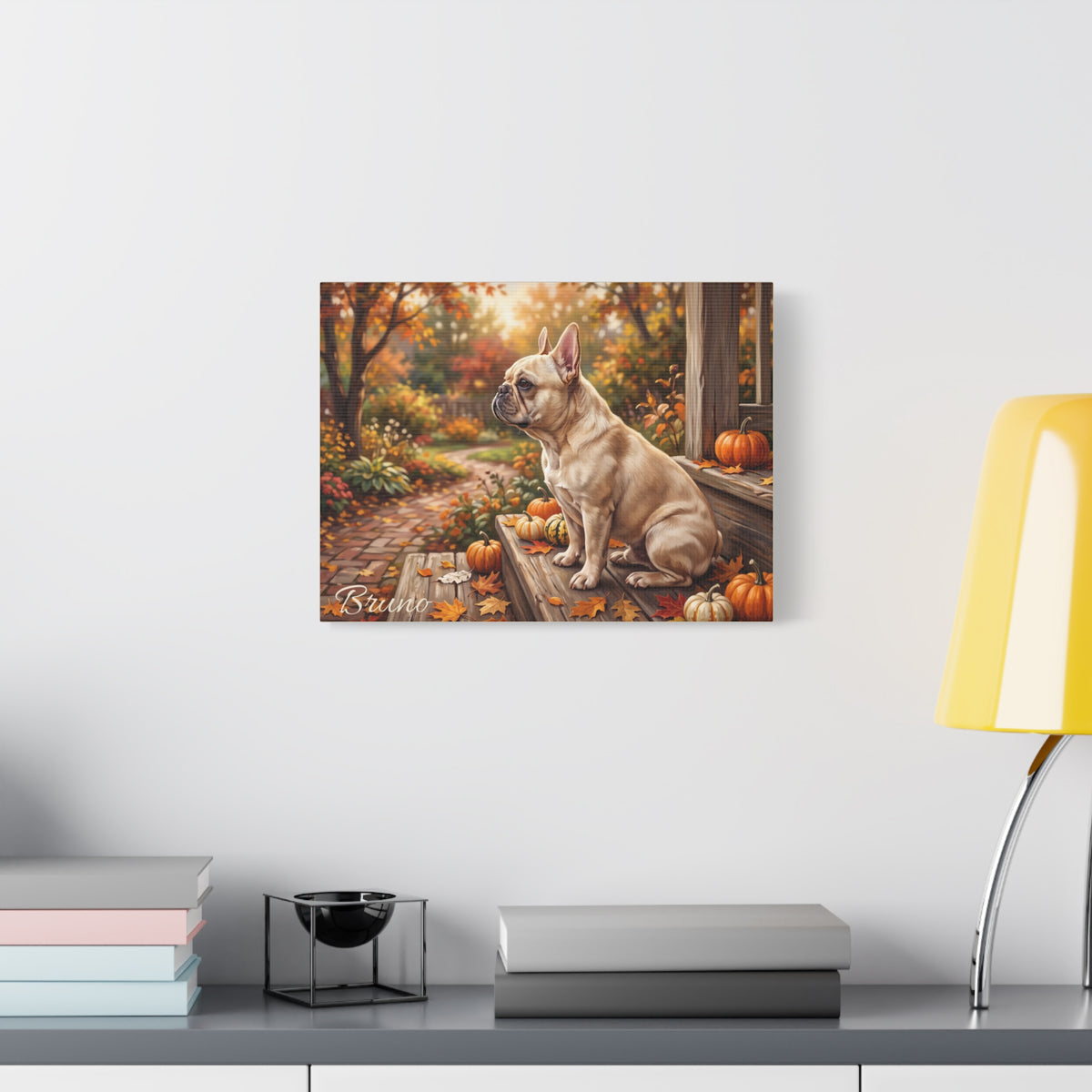 French Bulldog Personalized Canvas | Cream Frenchie Autumn Porch Pumpkin Wall Art