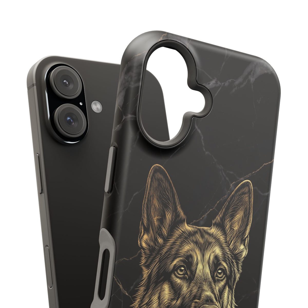 German Shepherd Phone Case | Black Marble Gold Sketch Art — Tough Magnetic Case with Wireless Charging