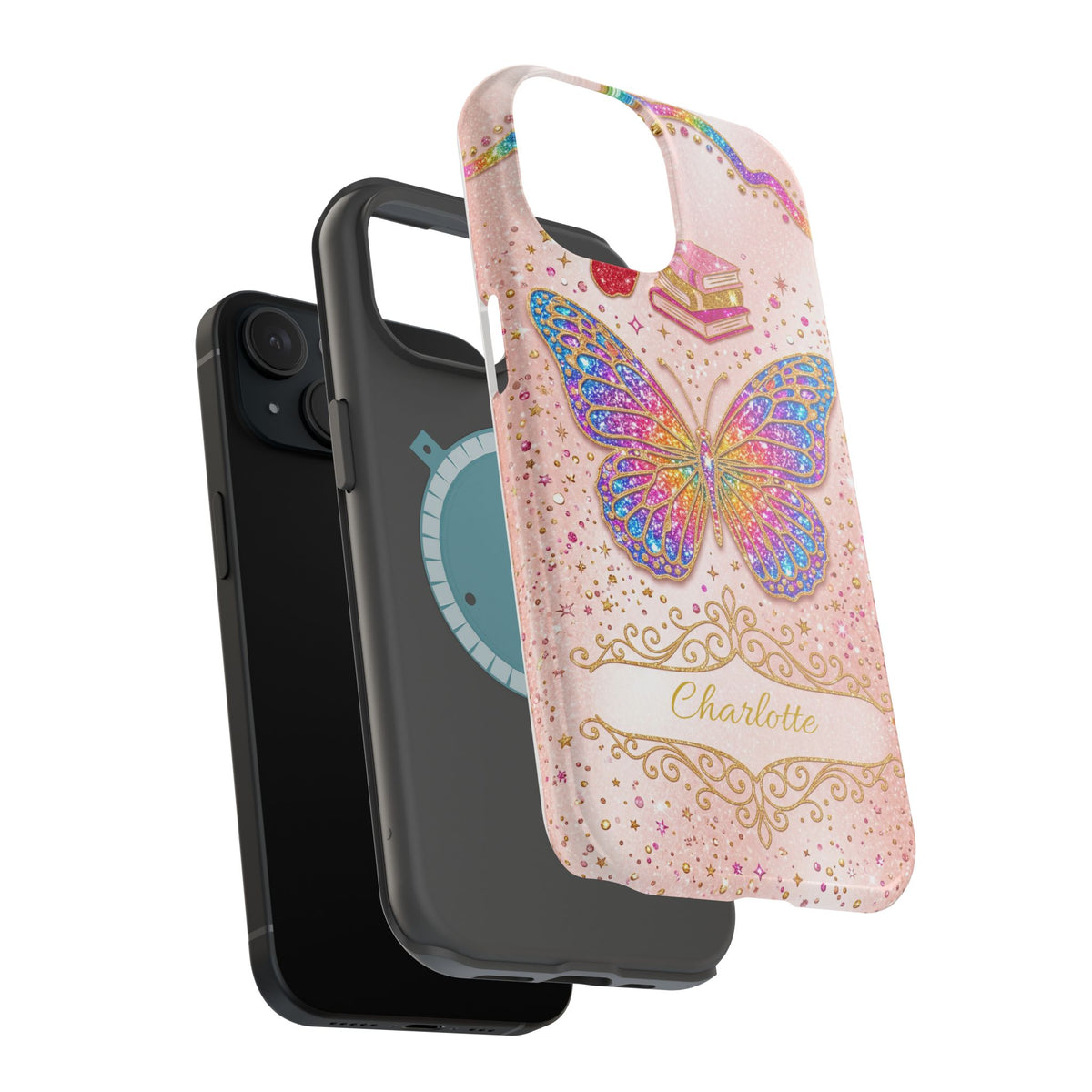 Blush Glitter Butterfly Personalized Teacher Phone Case — Wireless Charging Cover