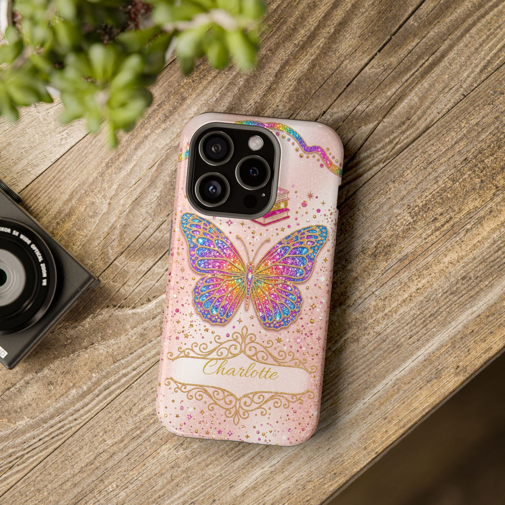 Blush Glitter Butterfly Personalized Teacher Phone Case — Wireless Charging Cover