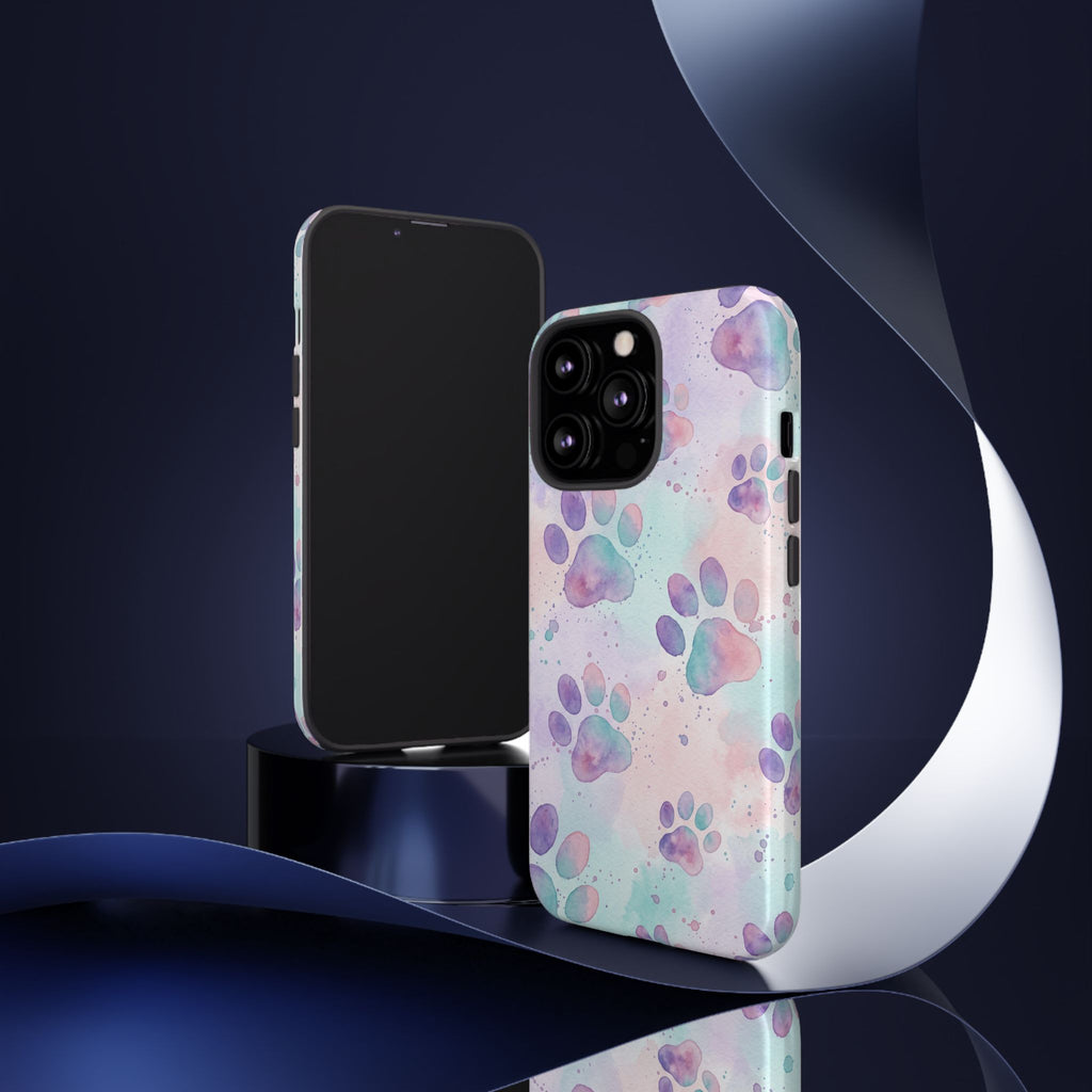 Watercolor Paw Print Phone Case | Pastel Purple, Teal & Pink Artistic Pattern | Samsung & iPhone