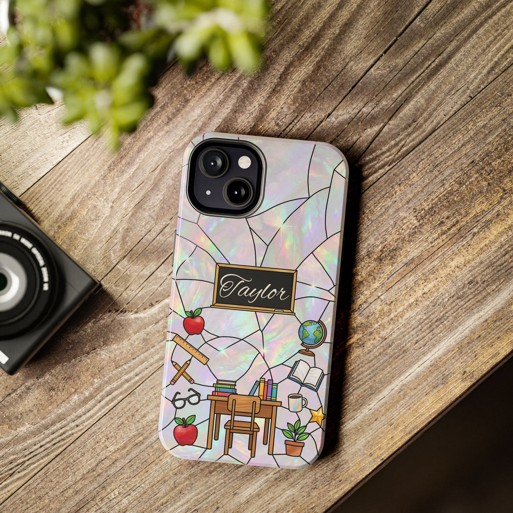 Personalized Teacher Phone Case — Custom Name Stained Glass Classroom Design