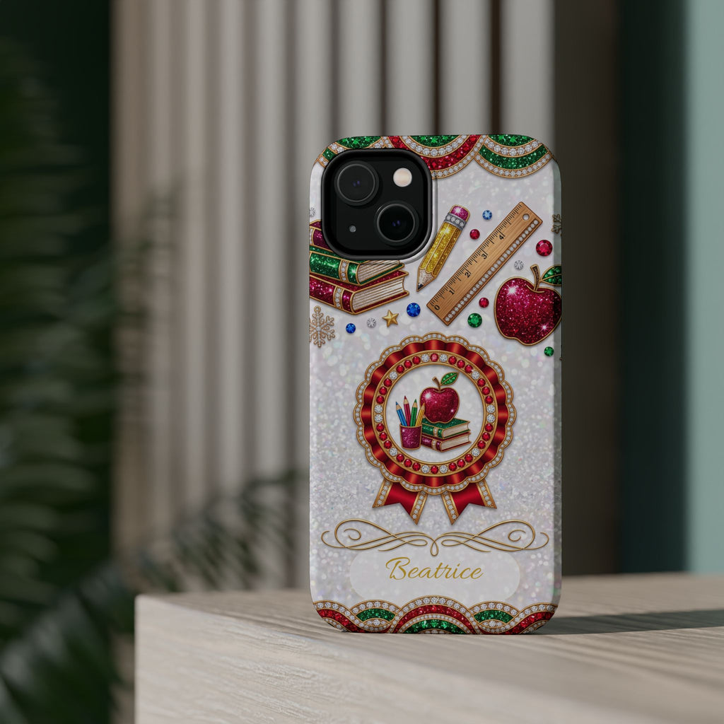 Jeweled Apple Medallion Personalized Teacher Phone Case — Wireless Charging Cover