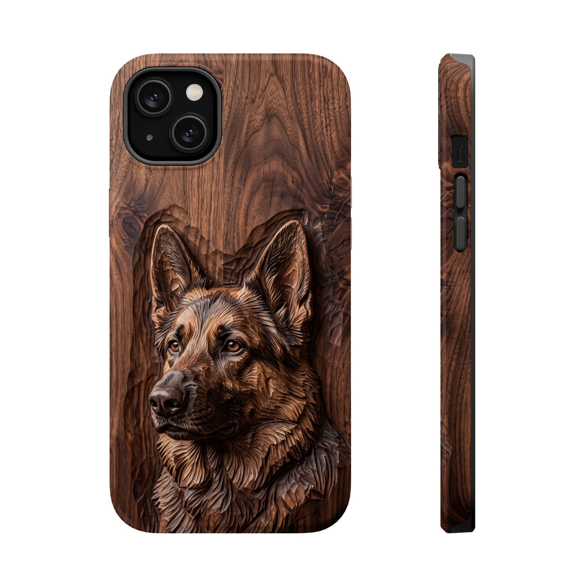 German Shepherd Phone Case | Carved Walnut Art — Tough Magnetic Case with Wireless Charging
