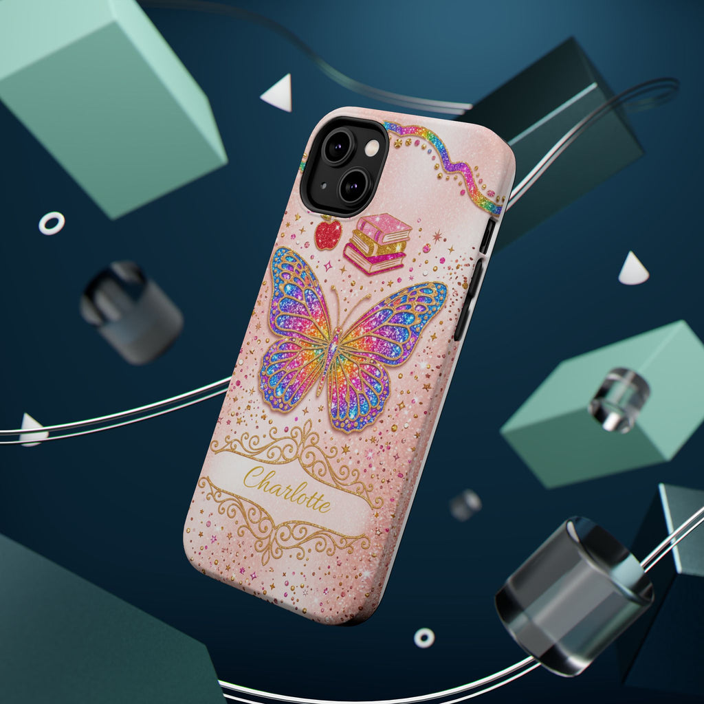 Blush Glitter Butterfly Personalized Teacher Phone Case — Wireless Charging Cover