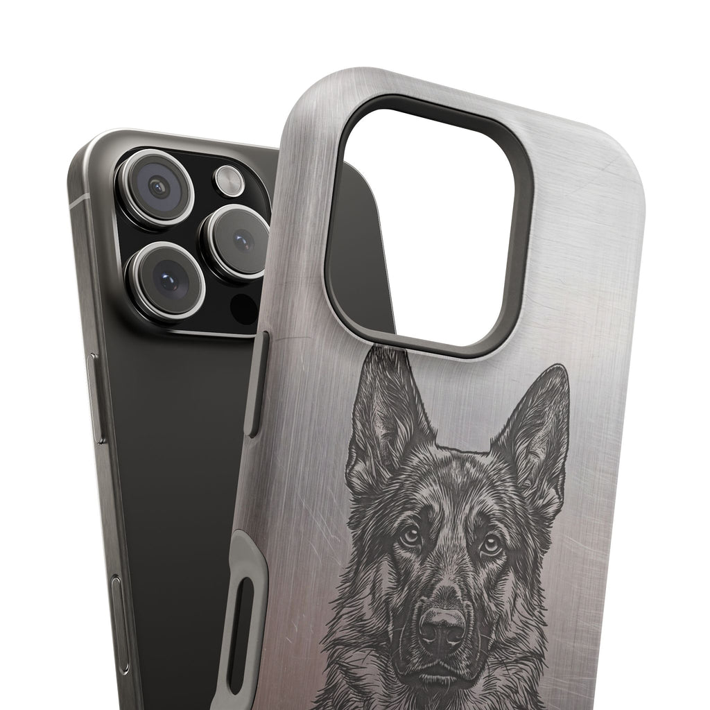 German Shepherd Phone Case | Personalized Etched Silver Art — Tough Magnetic Case with Wireless Charging