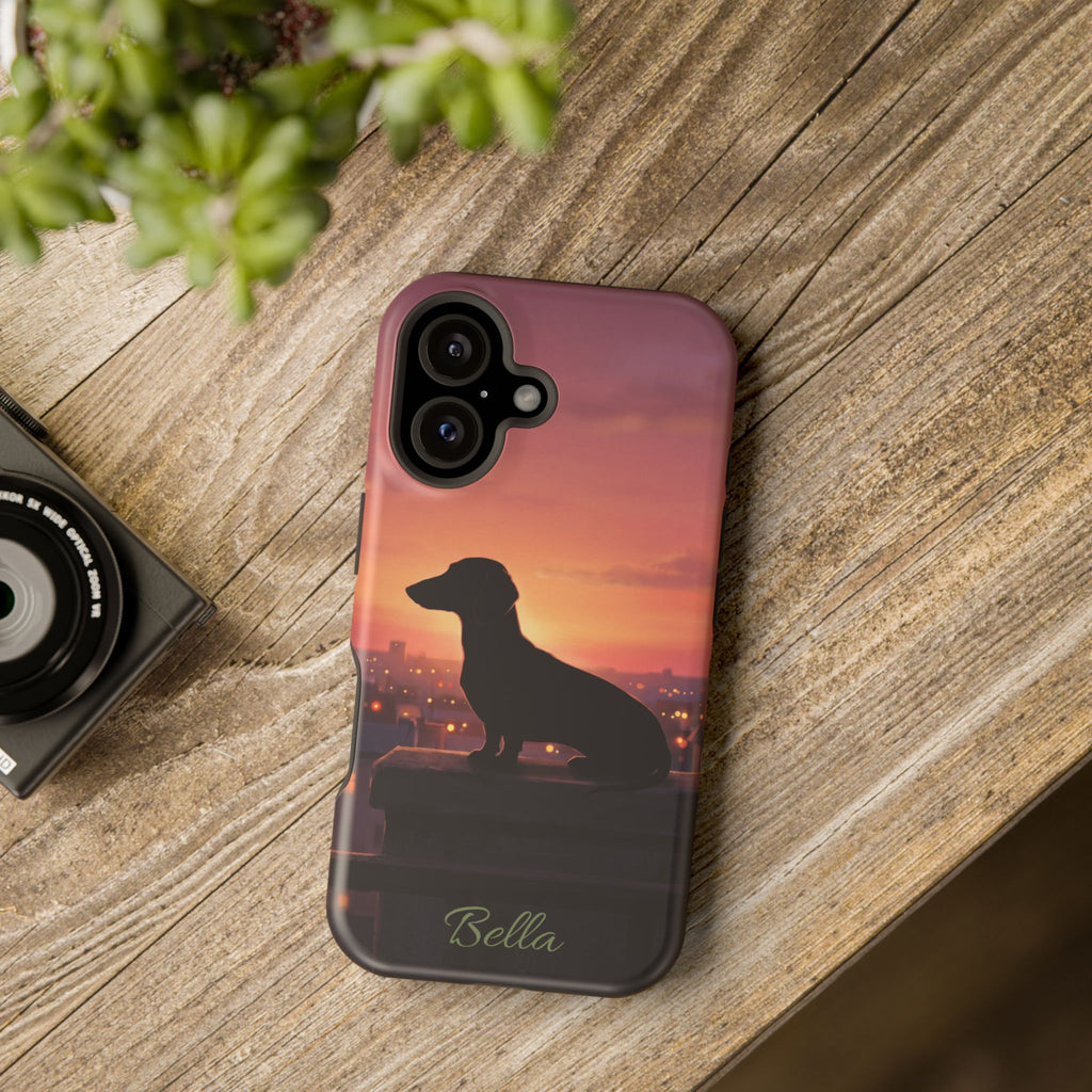 Personalized Dachshund Rooftop Sunset Phone Case — Wireless Charging Cover