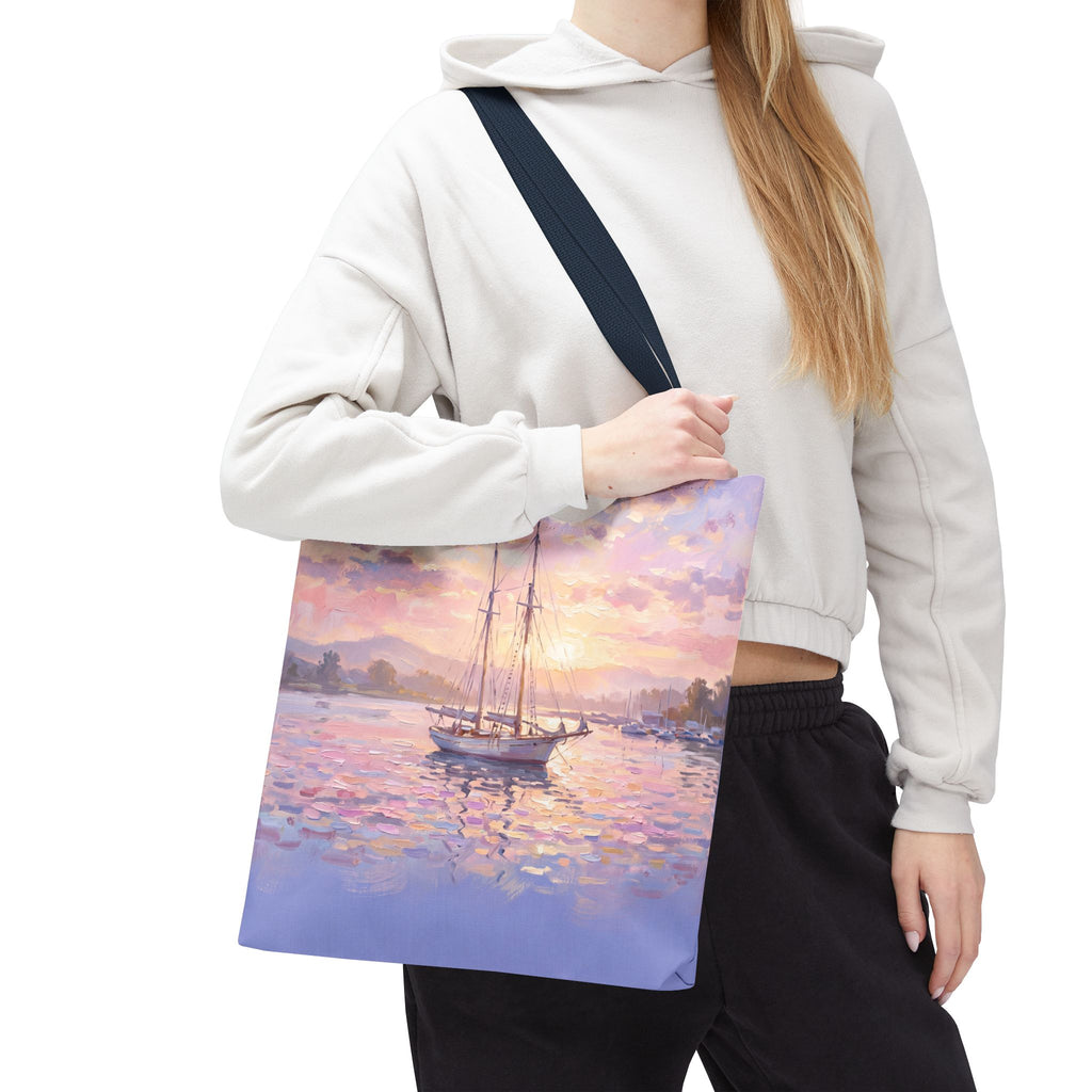 Pastel Sailboat Tote Bag – Impressionist Sunset Harbor Beach Bag