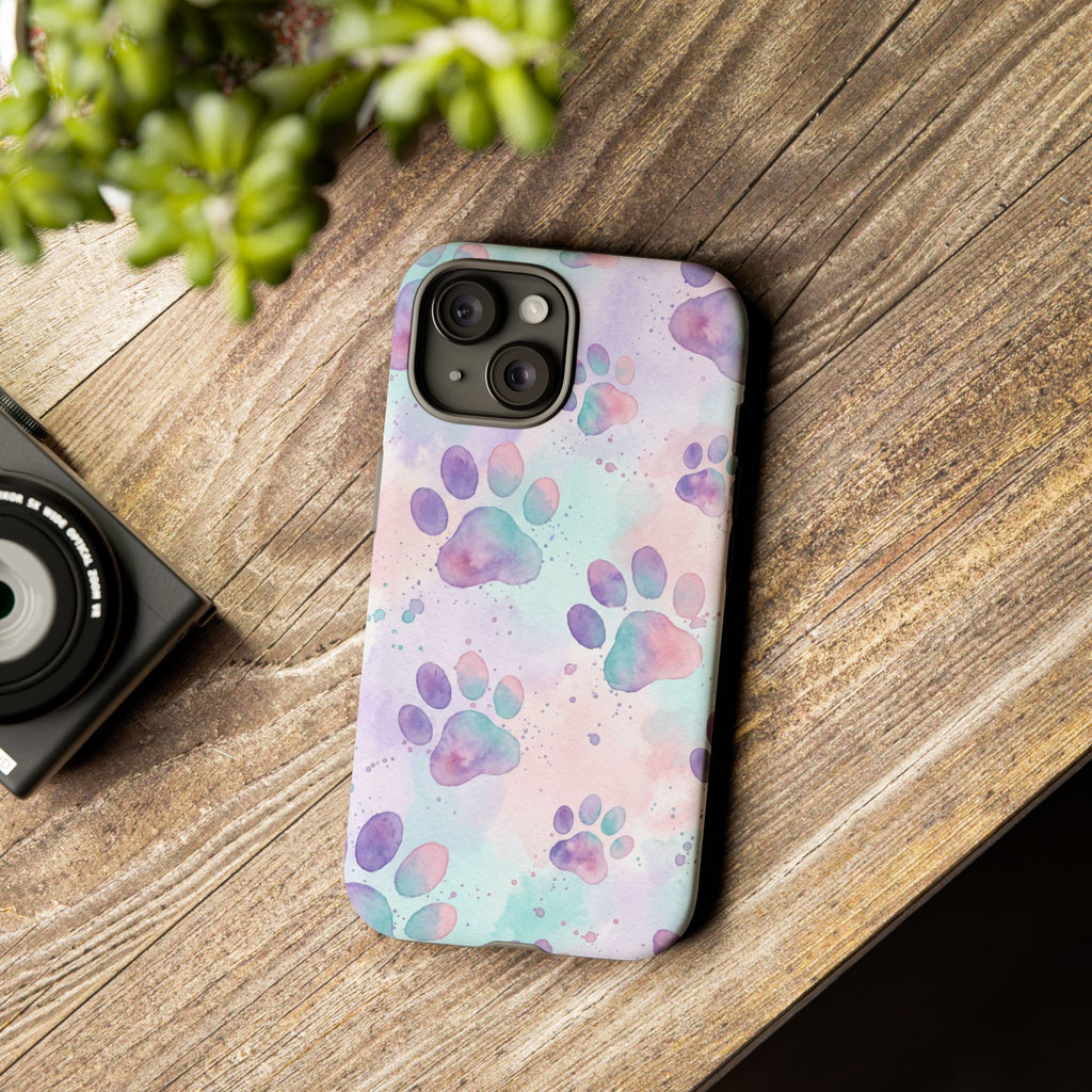 Watercolor Paw Print Phone Case | Pastel Purple, Teal & Pink Artistic Pattern | Samsung & iPhone