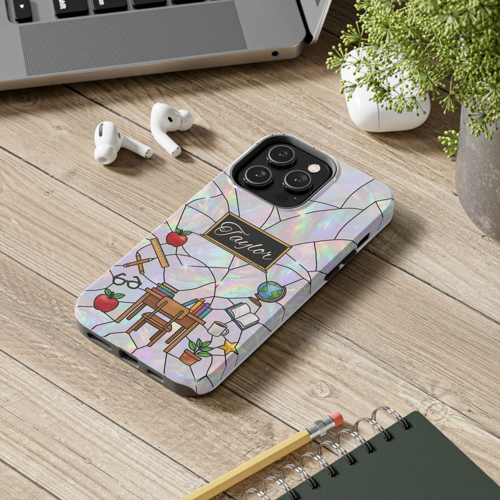 Personalized Teacher Phone Case — Custom Name Stained Glass Classroom Design