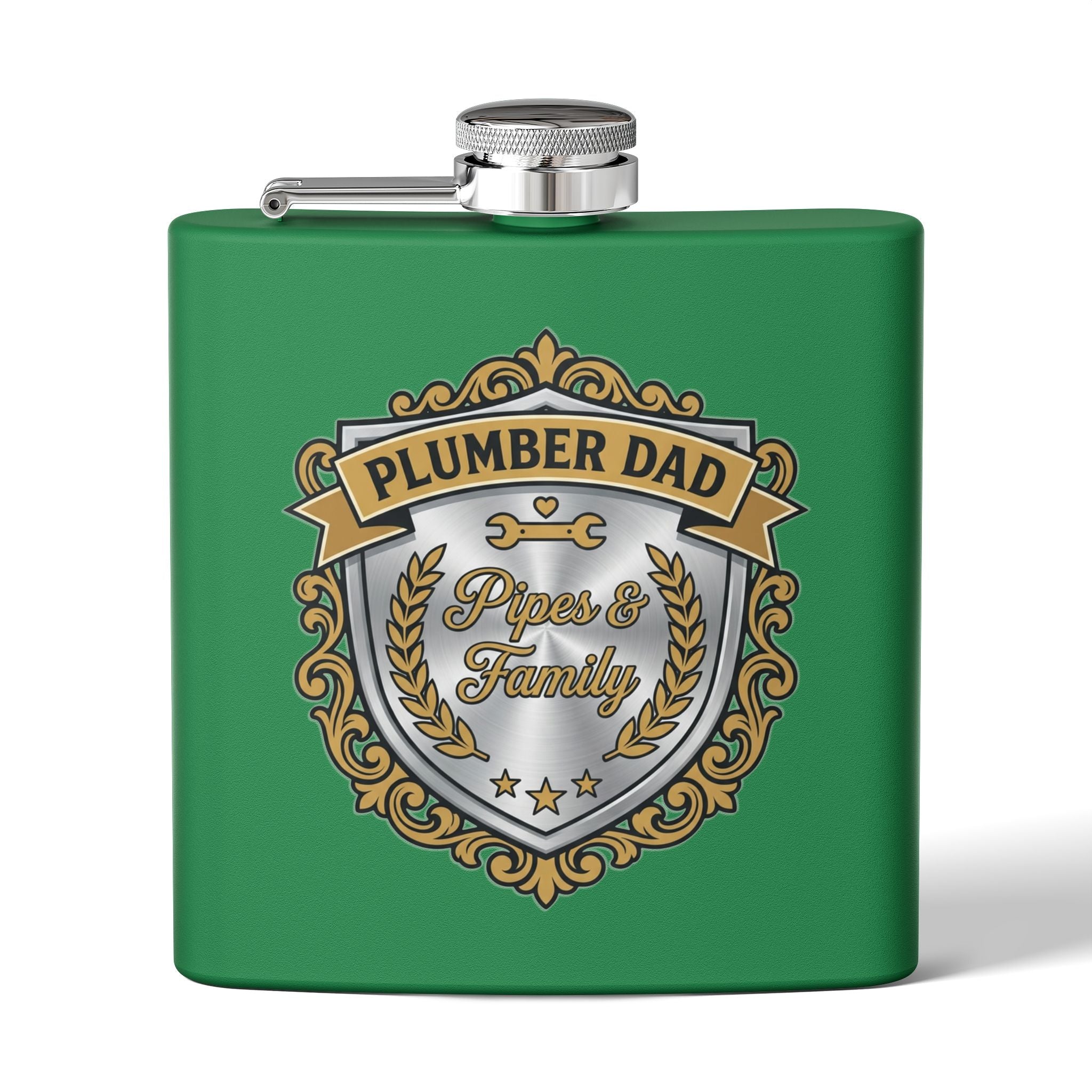 Flask — "Plumber Dad: Pipes & Family" 6oz Stainless Steel Hip Flask