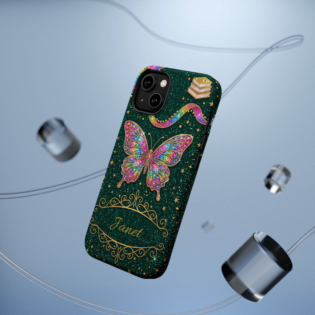 Rainbow Glitter Butterfly Personalized Teacher Phone Case — Wireless Charging Cover