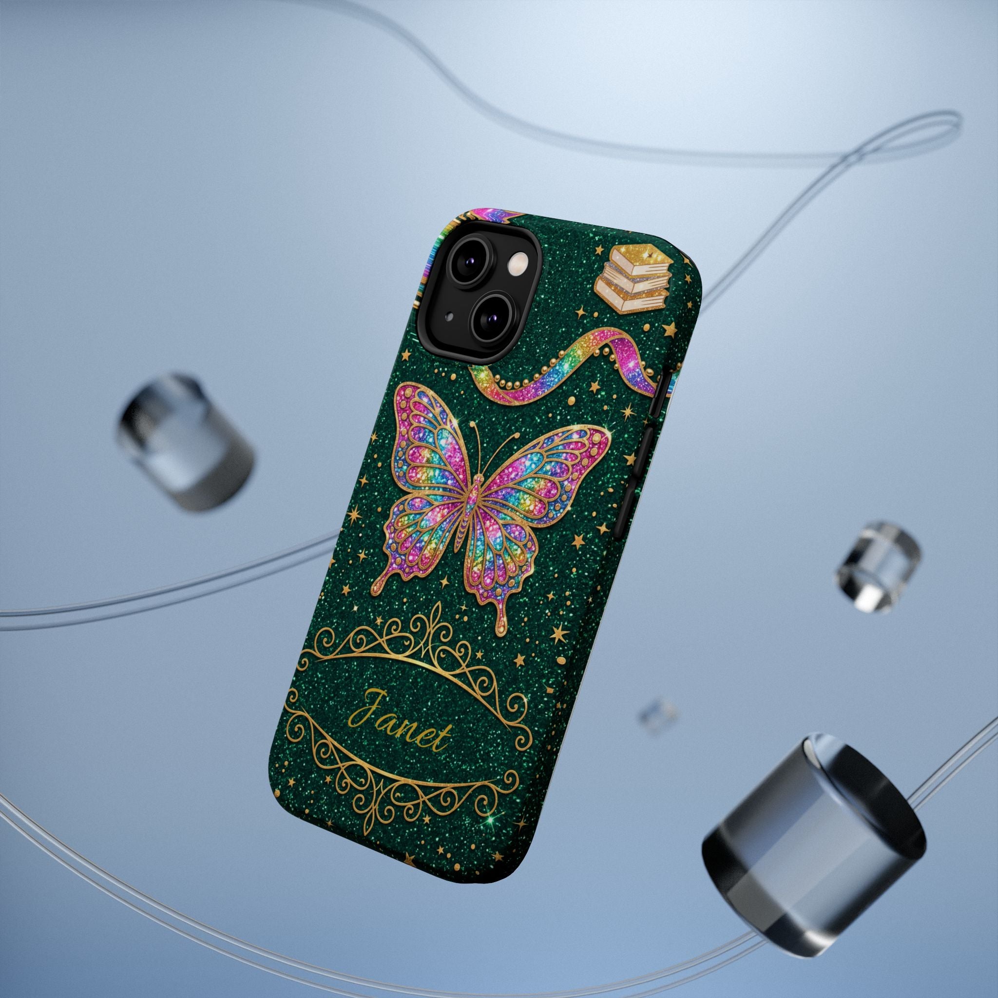 Rainbow Glitter Butterfly Personalized Teacher Phone Case — Wireless Charging Cover