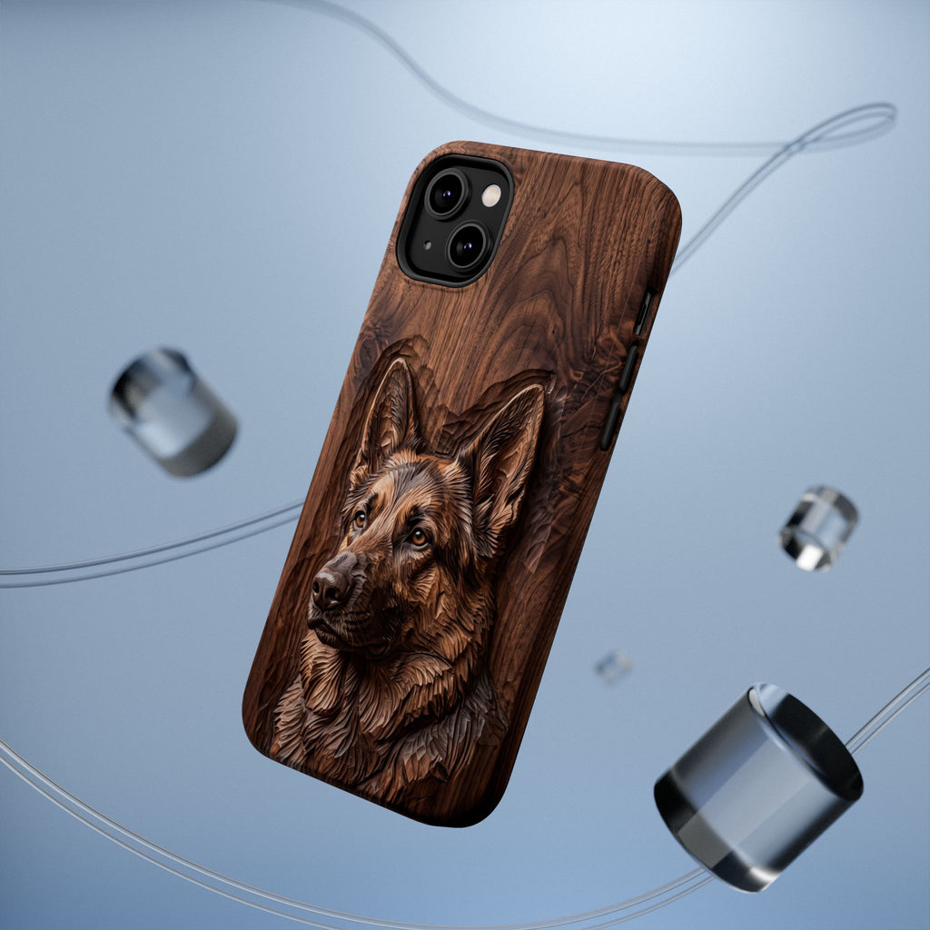 German Shepherd Phone Case | Carved Walnut Art — Tough Magnetic Case with Wireless Charging