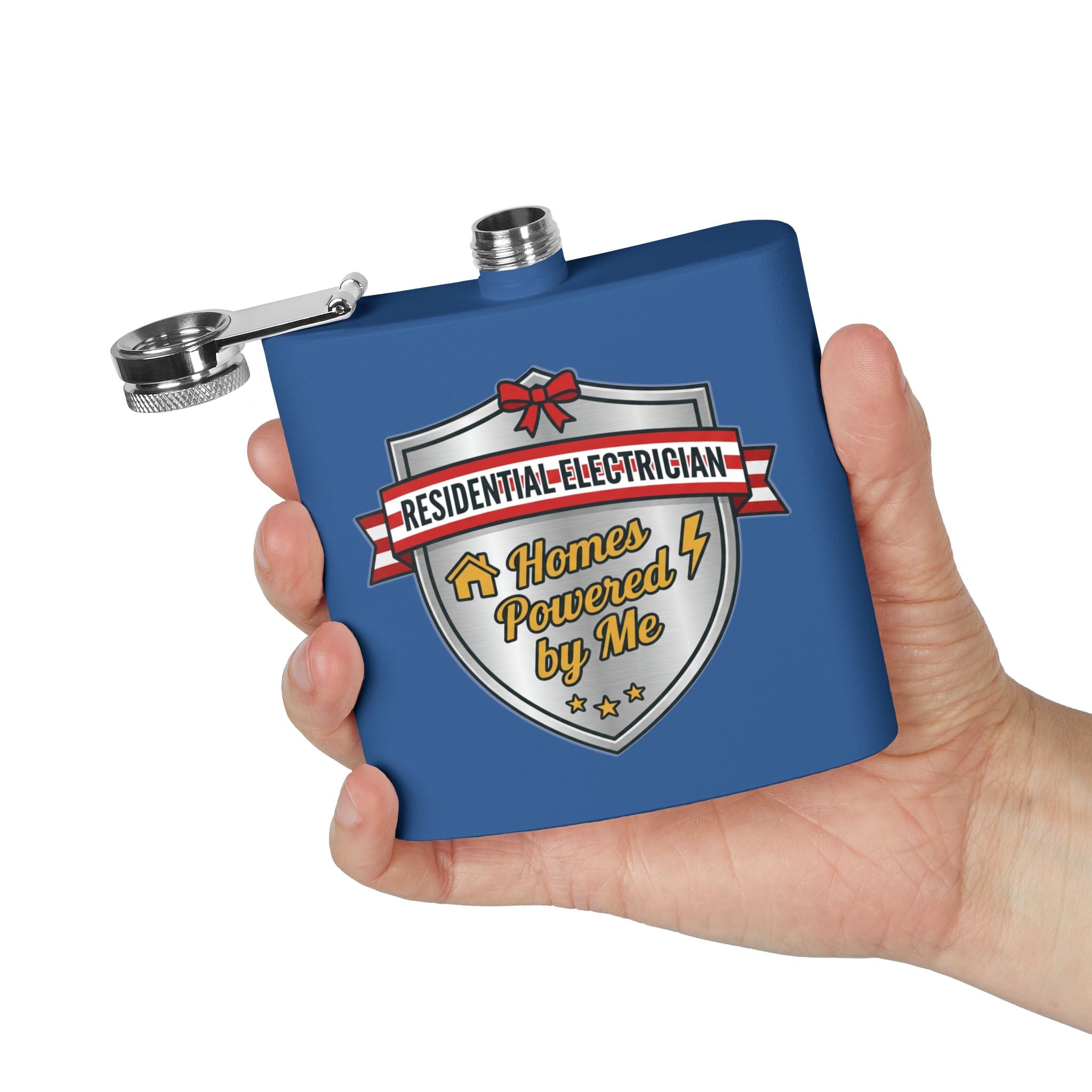 Flask — "Residential Electrician: Homes Powered by Me" (Shield Badge) 6oz Stainless Steel Hip Flask