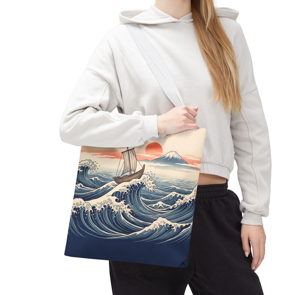Japanese Wave Sailboat Tote Bag – Woodblock Style Ocean Beach Bag