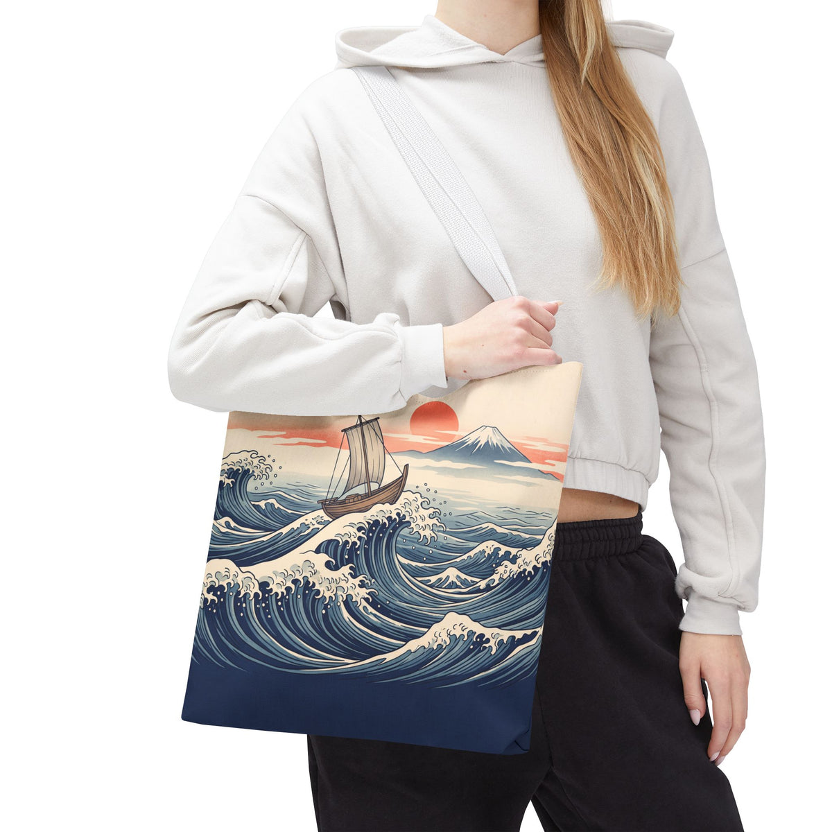 Japanese Wave Sailboat Tote Bag – Woodblock Style Ocean Beach Bag