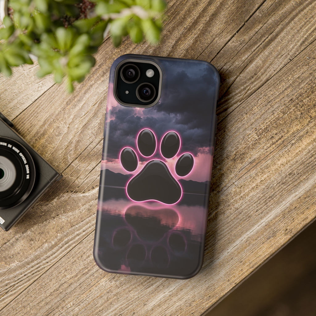Neon Paw Print Phone Case — Impact-Resistant Wireless Charging Cover