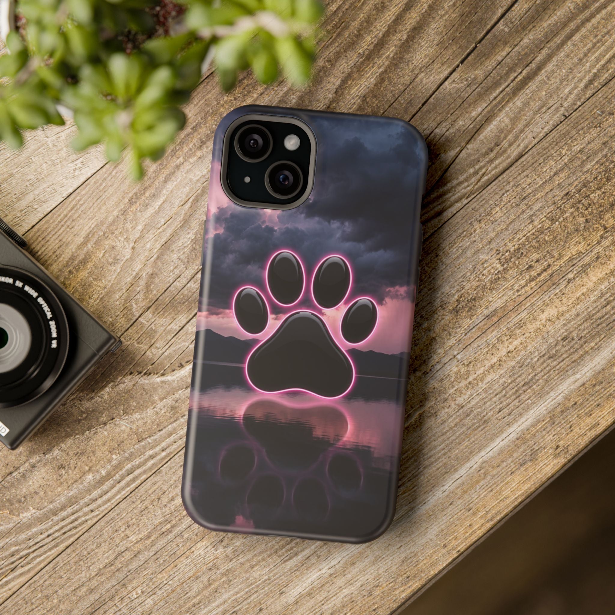Neon Paw Print Phone Case — Impact-Resistant Wireless Charging Cover