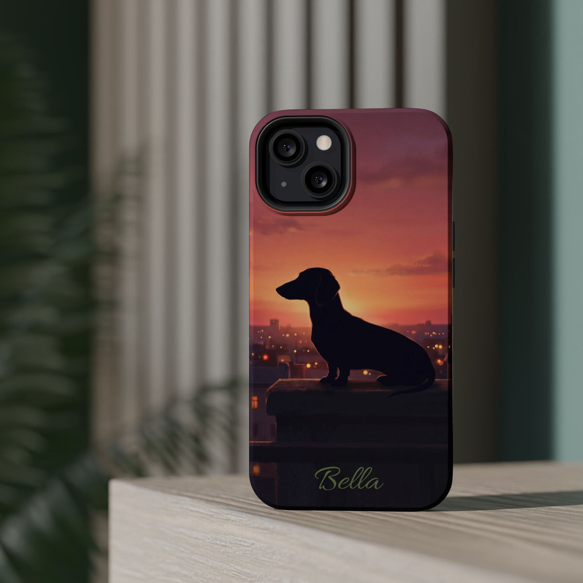 Personalized Dachshund Rooftop Sunset Phone Case — Wireless Charging Cover
