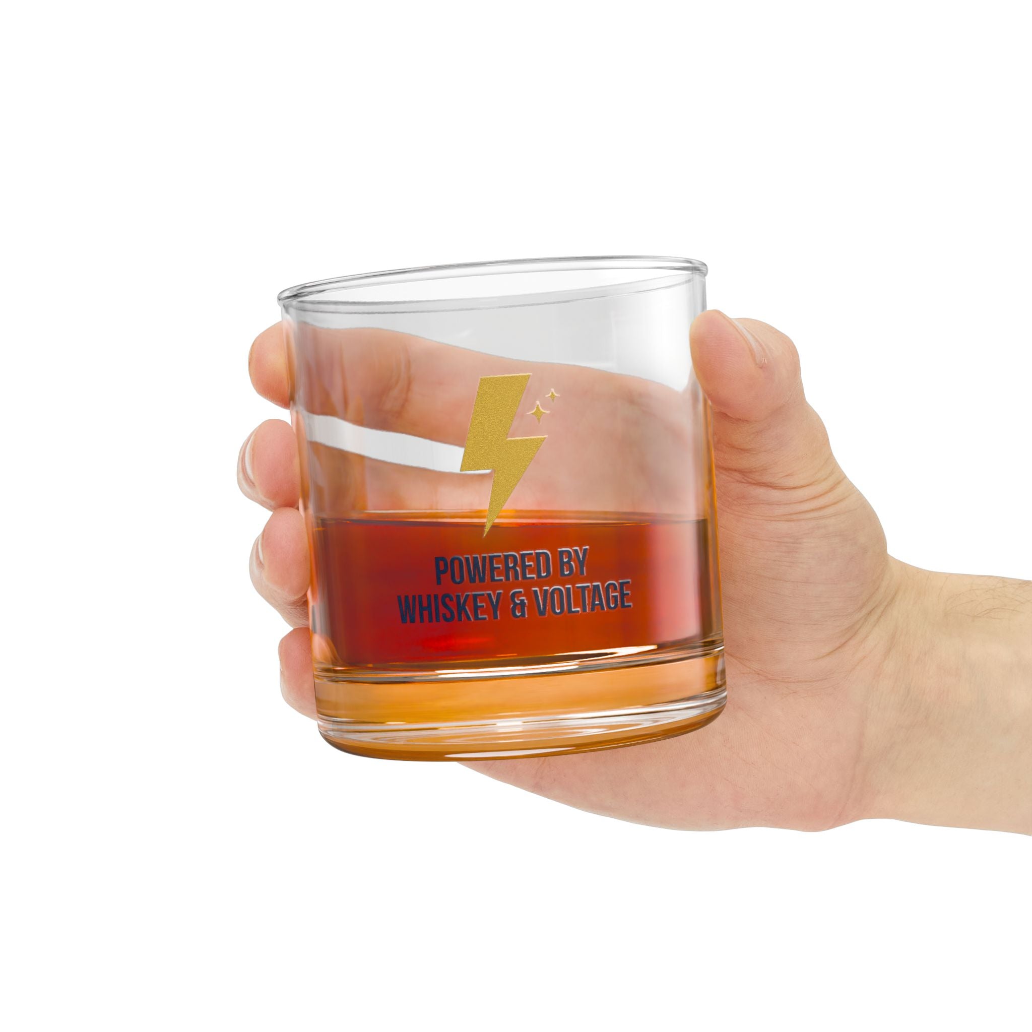 Powered By Whiskey & Voltage Rocks Glass 10oz — Gold Lightning Bolt Electrician Glass