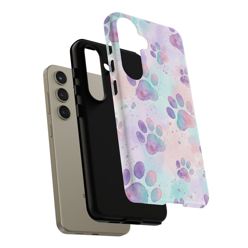 Watercolor Paw Print Phone Case | Pastel Purple, Teal & Pink Artistic Pattern | Samsung & iPhone