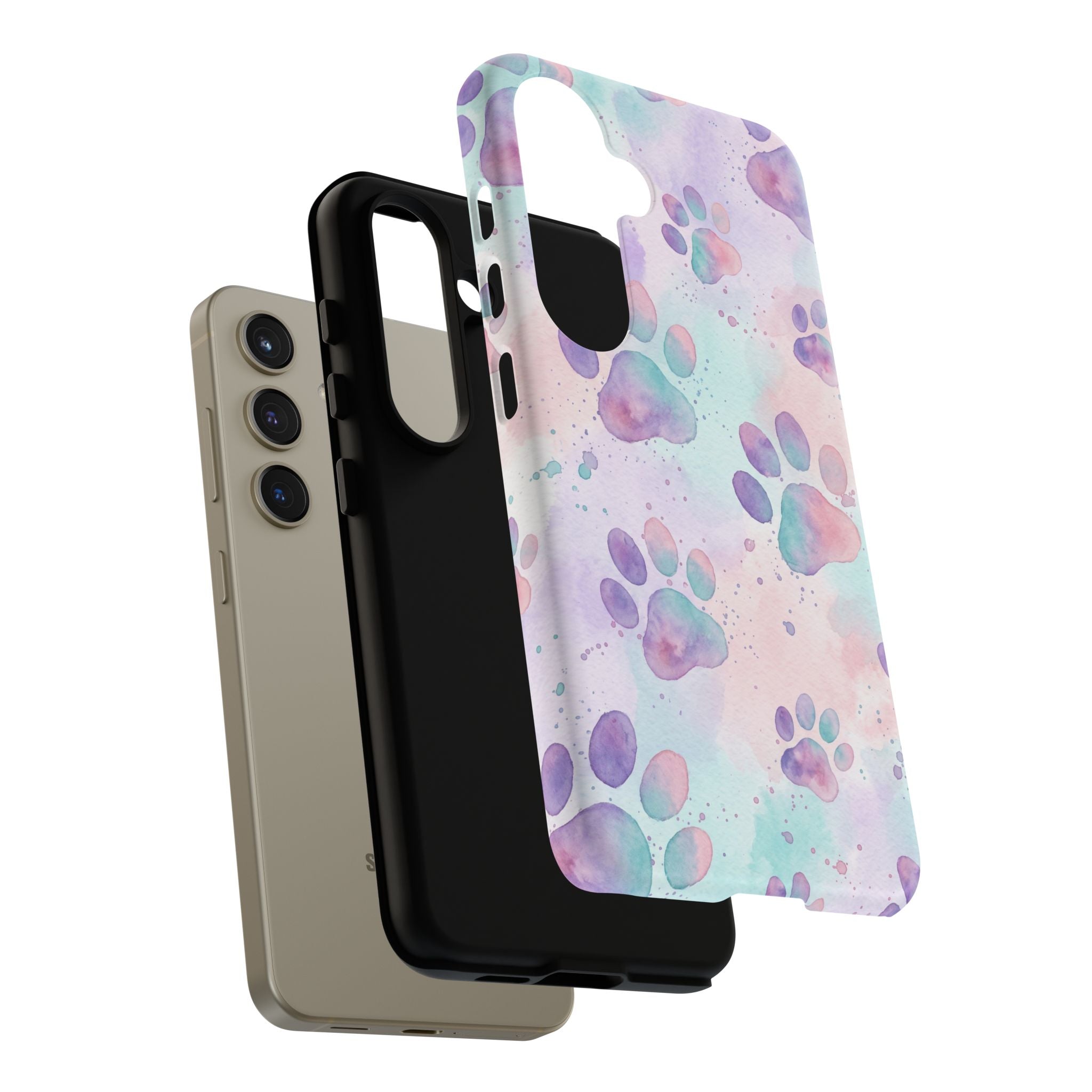 Watercolor Paw Print Phone Case | Pastel Purple, Teal & Pink Artistic Pattern | Samsung & iPhone