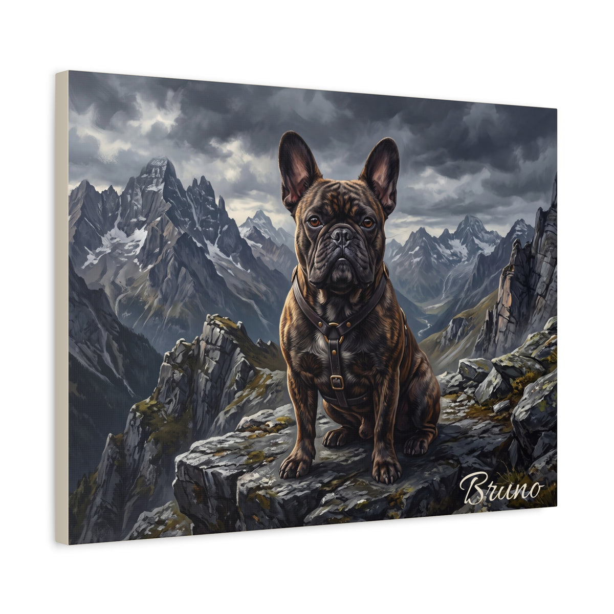 French Bulldog Personalized Canvas | Brindle Frenchie Mountain Summit Wall Art