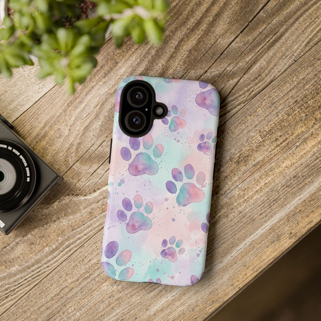 Watercolor Paw Print Phone Case | Pastel Purple, Teal & Pink Artistic Pattern | Samsung & iPhone