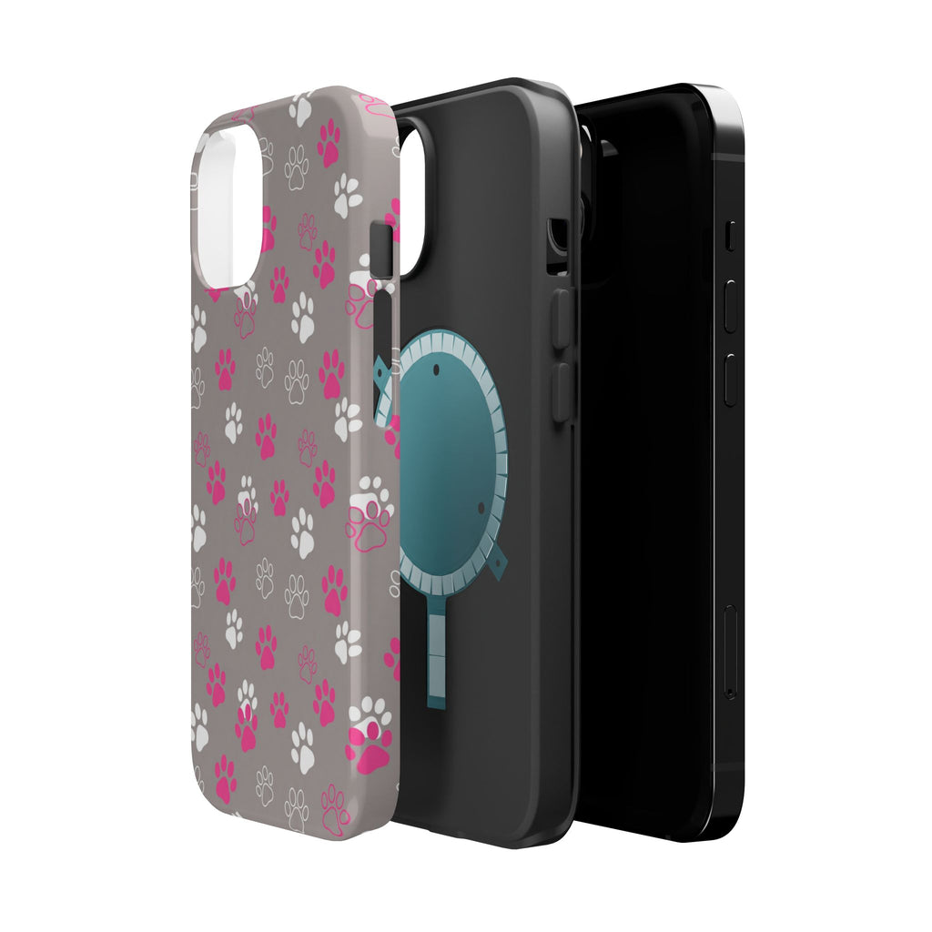 Pink & White Paw Print Phone Case — Impact-Resistant Wireless Charging Cover